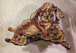 Root bowl with imbedded lava rock, pine wood, rustic root bowl, live edge, irregular, 2-levels, conjoined roots, gold maroon brown, rich grain, 7"T x 20.5L, Wabi Sabi, 593-A2