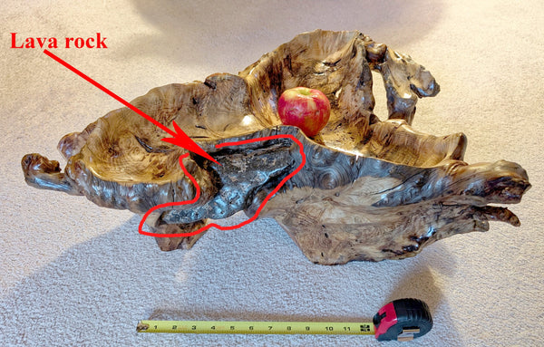 Root bowl with imbedded lava rock, pine wood, rustic root bowl, live edge, irregular, 2-levels, conjoined roots, gold maroon brown, rich grain, 7"T x 20.5L, Wabi Sabi, 593-A2