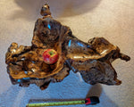 Root bowl with imbedded lava rock, pine wood, rustic root bowl, live edge, irregular, 2-levels, conjoined roots, gold maroon brown, rich grain, 7"T x 20.5L, Wabi Sabi, 593-A2