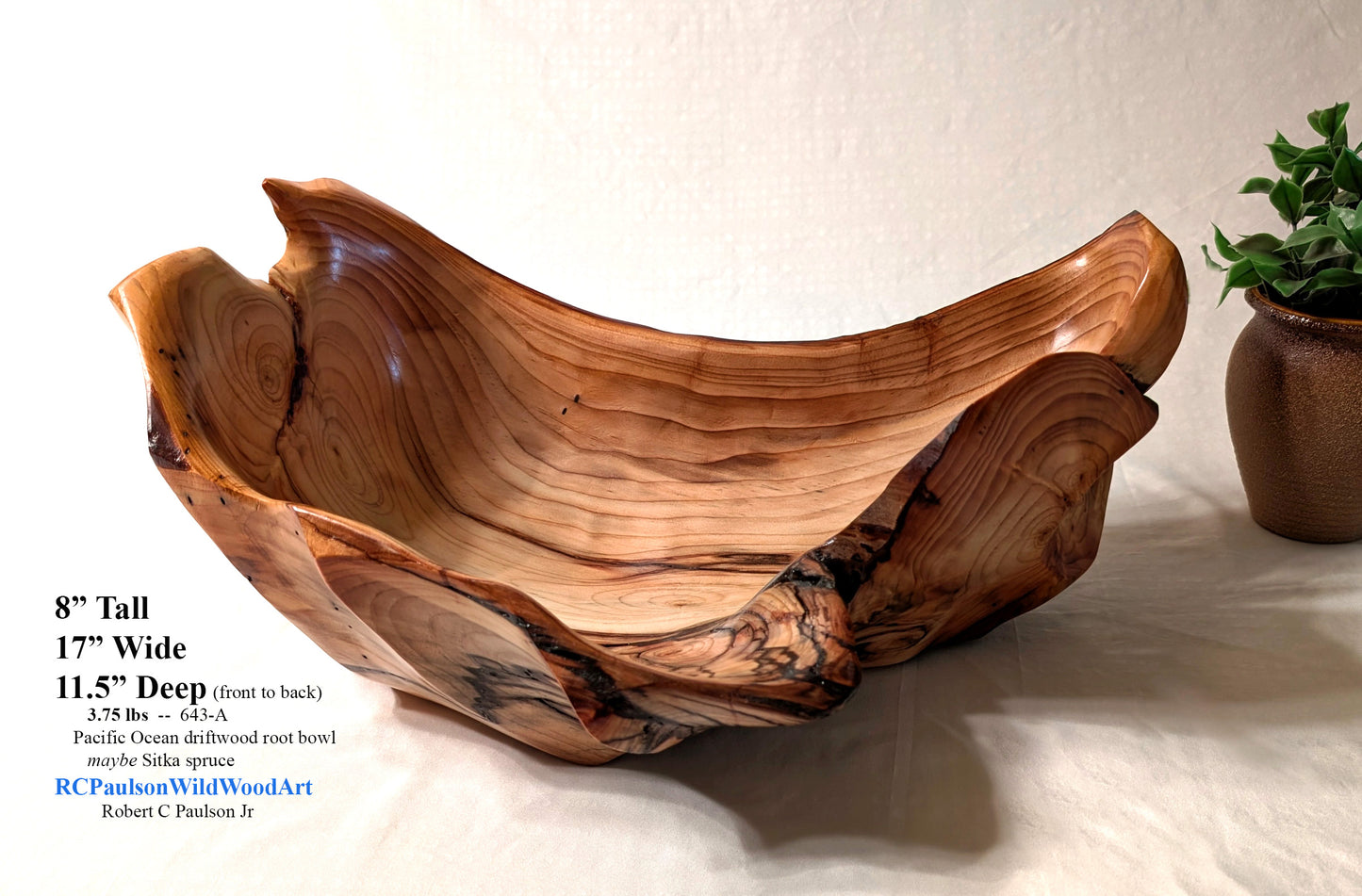 rich wood grain spruce bowl, Wood, rustic yet refined, matte finish, 10.75 x 10 x 4.5'', 1.08 lbs, Wabi Sabi, wabi-sabi, one-of-a-kind, asymmetric, upcycled, 643-A