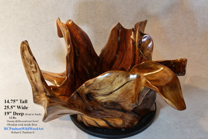 Exotic branched wood root bowl, large, smooth, rustic refined, twisted, arced, sprawling, one of a kind, unique, maroon, brown gold, 14.75'' T, x 21.5, obsidian rock floor inside, Wabi Sabi, driftwood, fruit bowl, food safe, beautiful, 369-A