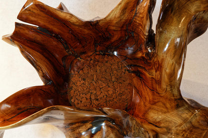 Exotic branched wood root bowl, large, smooth, rustic refined, twisted, arced, sprawling, one of a kind, unique, maroon, brown gold, 14.75'' T, x 21.5, obsidian rock floor inside, Wabi Sabi, driftwood, fruit bowl, food safe, beautiful, 369-A