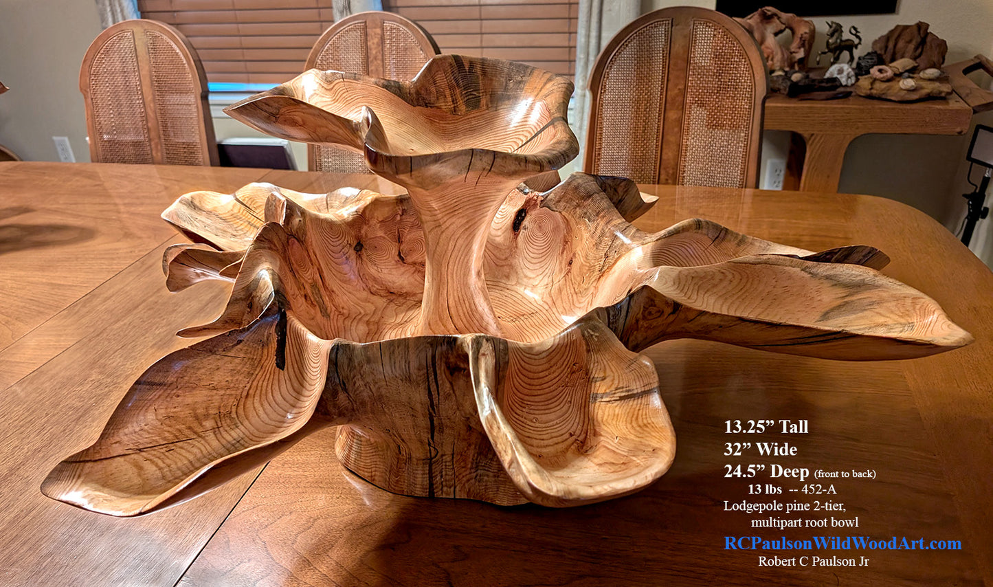 Exotic divided & branching tree root wood bowl, large, rustic yet refined, heirloom, flared side dishes and top dish, sprawling, one of a kind, unique, golden brown, tan, lodgepole pine, 13.25 inch tall x 32 x 24.5, food safe, wooden, unique 452-A