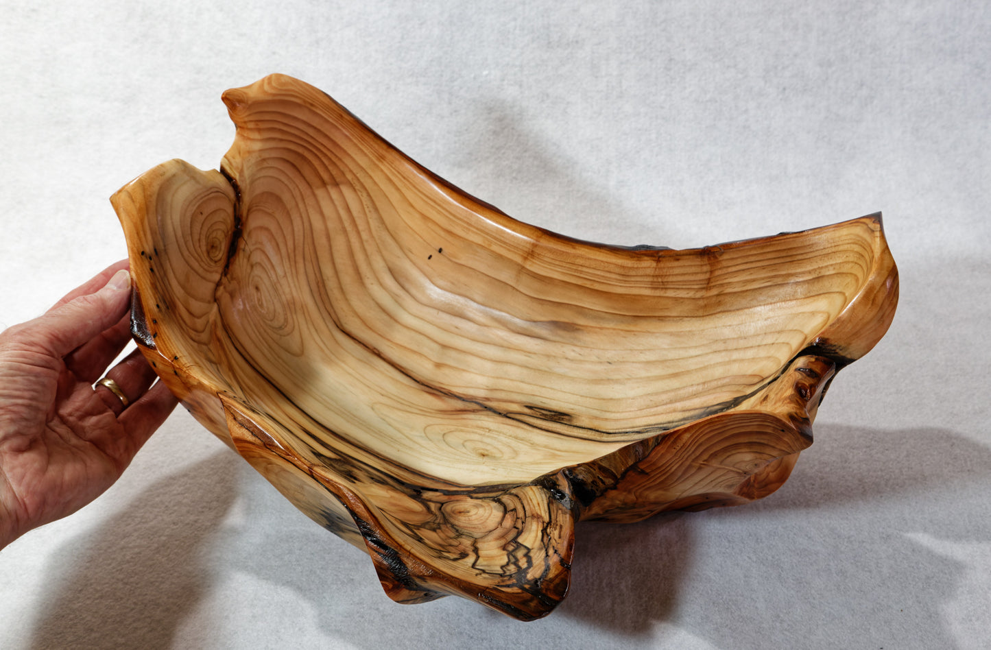 rich wood grain spruce bowl, Wood, rustic yet refined, matte finish, 10.75 x 10 x 4.5'', 1.08 lbs, Wabi Sabi, wabi-sabi, one-of-a-kind, asymmetric, upcycled, 643-A