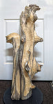 An early rough carving stage of a large 36.7" tall natural driftwood sculpture with complex branching and some textured and smooth surfaces, displayed in front of a white paneled door.