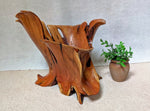 Front view of a golden orange, beautifully rich grained, high sided, live edge (some bark), multi faceted exotic wood bowl, made from a Mountain Mahogany tree's roots & trunk, 14.5 tall x 15.5 x 14’’, 13.7 lbs.    Sitting beside a small potted plant on a light-colored surface.