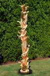 Potential right side view of a the completed 75.5" tall abstract branching indoor western juniper wood sculpture emphasizing the tree's original shapes.  It has beautiful rich grain patterns, natural unaltered golden tan and maroon colors, flowing flared lines with multiple grooves, intriguing hooked shapes.  One-of-a-kind 75.5" tall by 21" x 20'' floor sculpture.  It is smooth but has a few carefully conserved naturally rough surfaces. Seen here against a green conifer tree background.