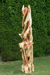 Possible right side view of a tall and twisted wood sculpture, rich looking one-of-a-kind 7' 3" tall by 22.5" x 22'' natural western juniper floor sculpture that emphasizes the tree's natural form and beauty.  It has some live edge design and is a combination of smooth surfaces with beautiful grain patterns and and a few slightly rough areas.  Some preserved insect holes show its past visitors.
