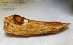 Top and front view of a 34 inch long natural wood serving platter with a rustic, irregular shape and prominent grain, displayed on a neutral gray background with product specifications printed in the upper left corner.  Front and top view of a one-of-a-kind Ponderosa pine charcuterie board, live edge platter that is both smooth and rough with live edge features and beautiful grain patterns.  It measures 8.25 tall x 33.75 inches long x 13.5'', 7.8 lbs. and is shown here lying on a beige carpet. 