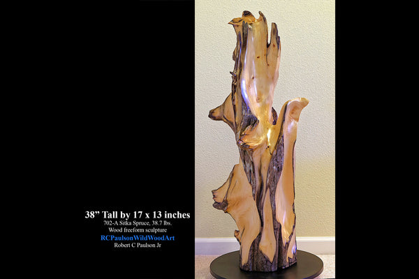 36.7" tall twisted natural floor sculpture in front of a beige wall. Some live edge enhancements. One-of-a-kind exotic,  It was created from Pacific Ocean driftwood.  It has beautiful and exotic grain patterns with rich natural golden orange, tan, brown, black and gray colors (no stains or artificial colors).  The photo shows the piece's measurements 36.7 x 14.5 x 12.25'', 21.87 lbs.   RC Paulson Wildwood Art