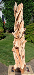 Rough carving stage of what will become a rich looking one-of-a-kind 7+ foot tall by 24" x 20'' natural Western Juniper floor sculpture emphasizes the tree's natural form and beauty. It will have some live edge design and will be mostly smooth. &nbsp;It has beautiful grain patterns and will have rich golden tan and maroon natural colors (no stains or artificial colors added). When completed it will likely weigh about 160 lbs.