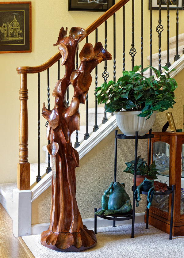Flight of fancy, Uplifting, black walnut floor sculpture, exotic freestanding freeform, 64.25'' tall x 17" x 15.5", 37.8 lbs, refined, heirloom, twisted, arced, sky reaching, one of a kind, unique, brown gold hint maroon, Wabi Sabi, beautiful, 143-AF