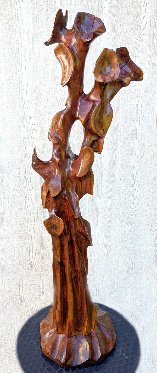 Flight of fancy, Uplifting, black walnut floor sculpture, exotic freestanding freeform, 64.25'' tall x 17" x 15.5", 37.8 lbs, refined, heirloom, twisted, arced, sky reaching, one of a kind, unique, brown gold hint maroon, Wabi Sabi, beautiful, 143-AF