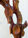 Flight of fancy, Uplifting, black walnut floor sculpture, exotic freestanding freeform, 64.25'' tall x 17" x 15.5", 37.8 lbs, refined, heirloom, twisted, arced, sky reaching, one of a kind, unique, brown gold hint maroon, Wabi Sabi, beautiful, 143-AF