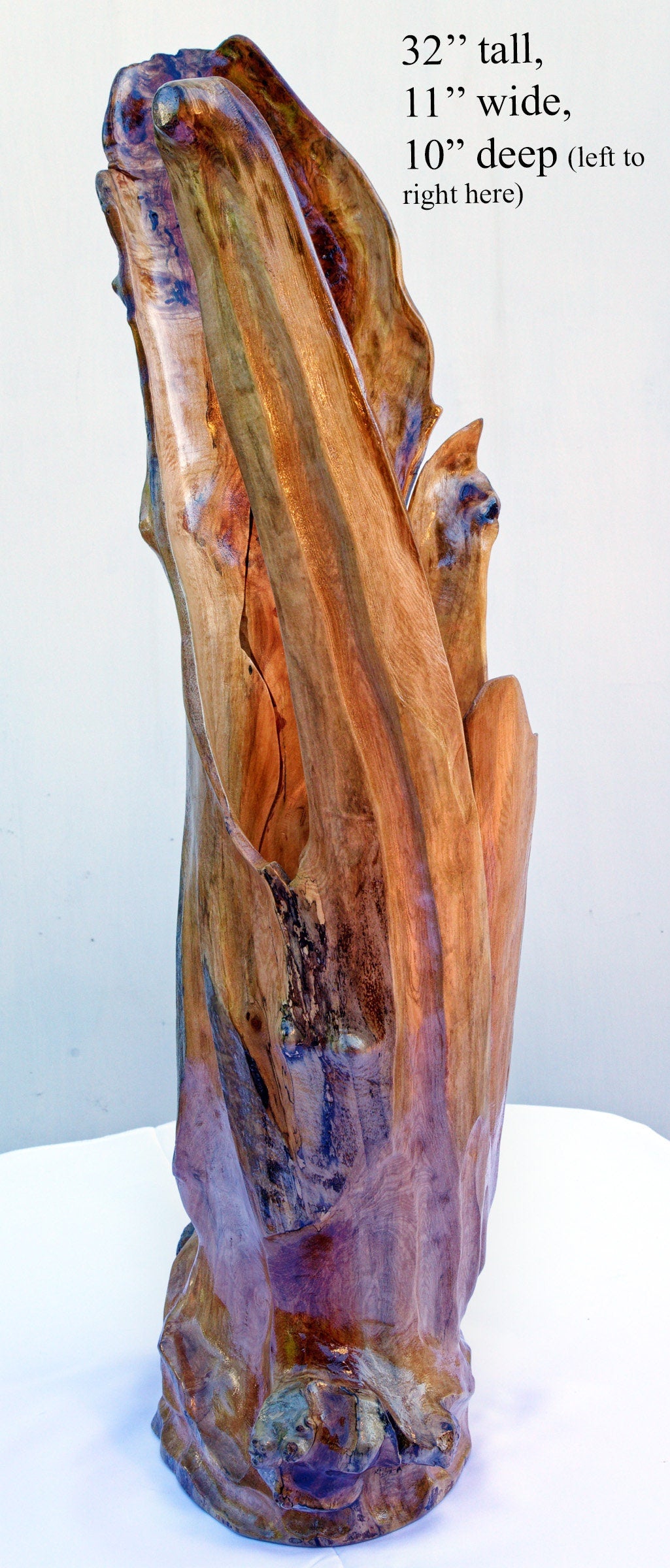 Extra large wooden flower vase, floor sculpture, rustic, asymmetrical, golden brown, open sides, driftwood, 32 x 11", 273-A