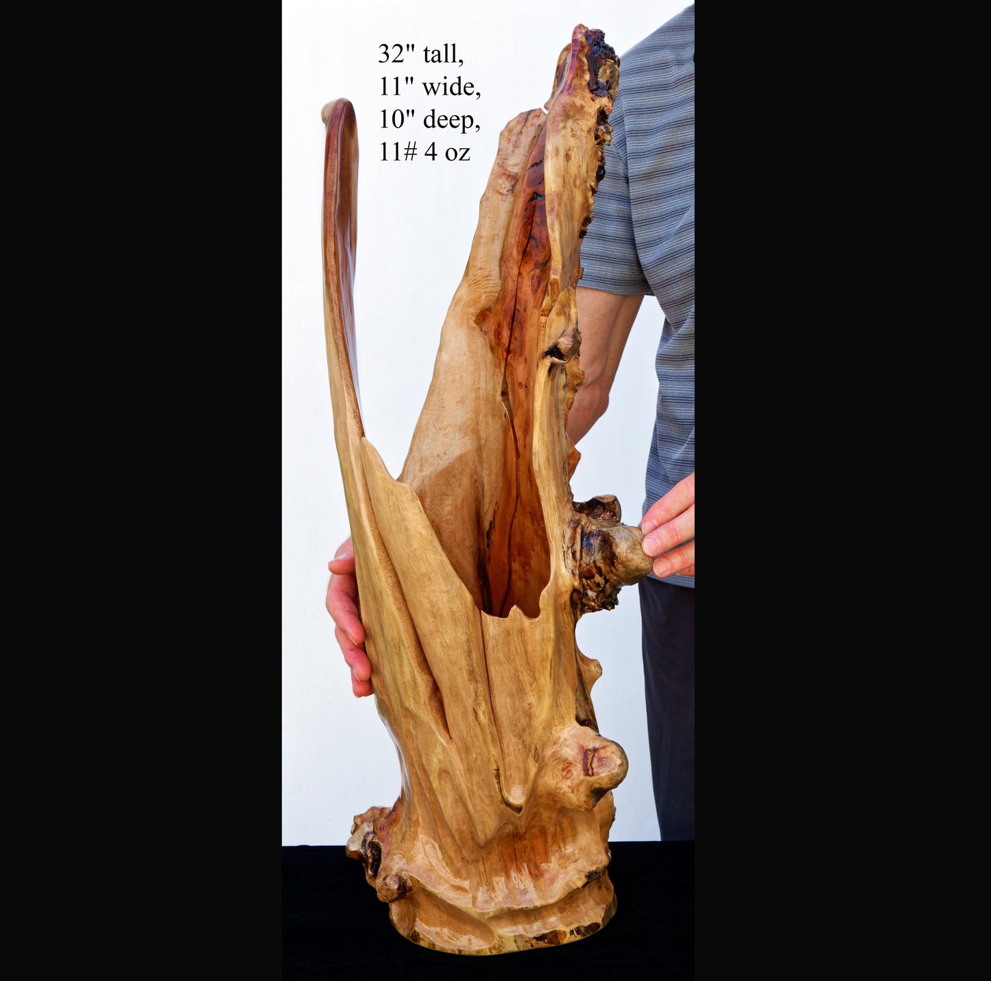 Extra large wooden flower vase, floor sculpture, rustic, asymmetrical, golden brown, open sides, driftwood, 32 x 11", 273-A