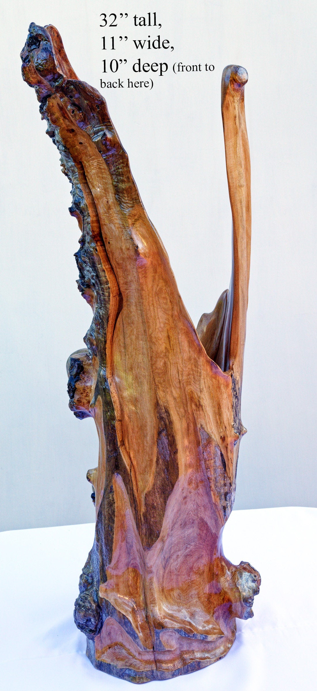 Extra large wooden flower vase, floor sculpture, rustic, asymmetrical, golden brown, open sides, driftwood, 32 x 11", 273-A