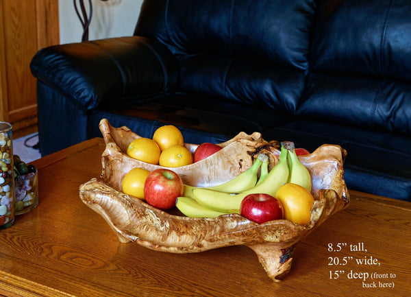 Rustic wood bowl, large, decorative, fruit bowl, unique, maple burl, birdseye, sculpture, home décor, 8.5 x 20.5 x 15", RC Paulson Jr, 215-E