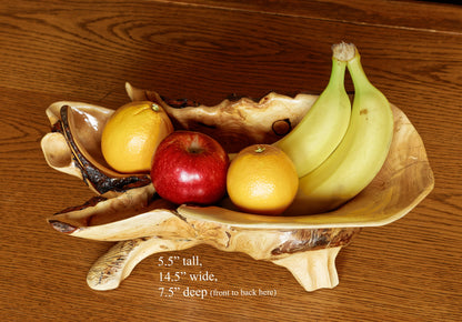Unique, wide top, asymmetrical, rustic 16-branch conifer bowl, catchall bowl container, flowing lines, 4 legs, 5.5 tall x 14.5 x 7.5”, 236-A