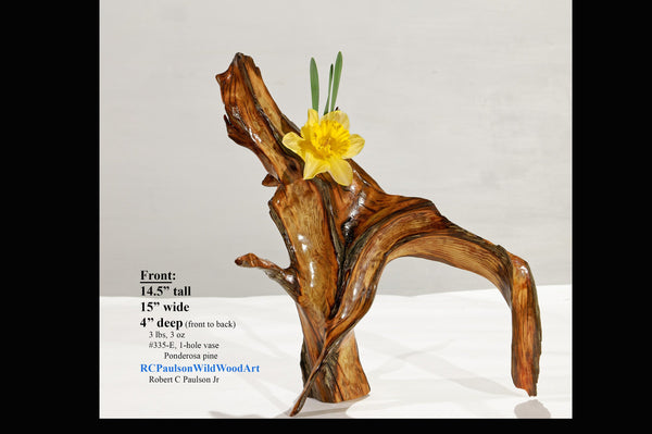 Irregular wooden sculptured vase with yellow daffodil flower, on a white platform with text overlay.  