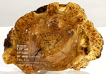 exotic one-of-a-kind live edge burl wood bowl sculpture, rustic yet refined, golden brown, bark, 5”x14x10, strong grain burl pattern, 312-O