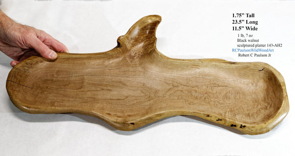 Wood food platter, exotic, walnut, decorative, tabletop, figured wood, tray, decor, curves, 1.75 in tall, 11.5, 23.5, 1 lb, 7 oz, 143-AH2