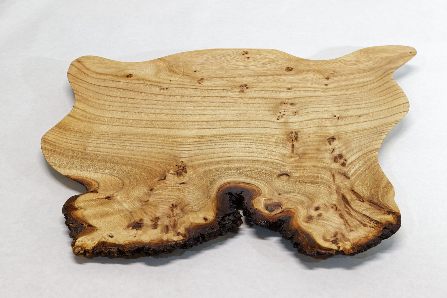 Irregular elm wood platter, wall hanging, tabletop sculpture burl, live edge bark, 1.75 tall x 17.75 long x 15 inches wide, Wabi Sabi 312-ZA