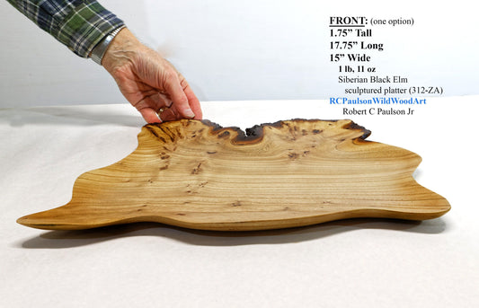 Irregular elm wood platter, wall hanging, tabletop sculpture burl, live edge bark, 1.75 tall x 17.75 long x 15 inches wide, Wabi Sabi 312-ZA