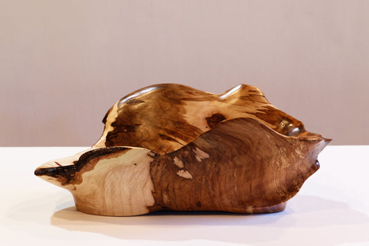 fancy wood bowl, freeform irregular shape, Wabi Sabi, maple, artistic, rustic refined, golden brown, smooth satin finish, wooden bowl, 14 inches long x 7.75 wide x 5.5’’ tall, 1.96#, 469-C