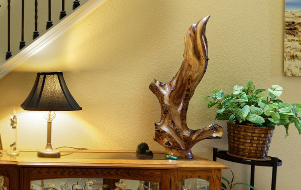 Black Walnut 29" tall tabletop floor wood sculpture, Wabi Sabi live edge, no bark, with natural insect tracks, sleek flame-like shape 143-AB