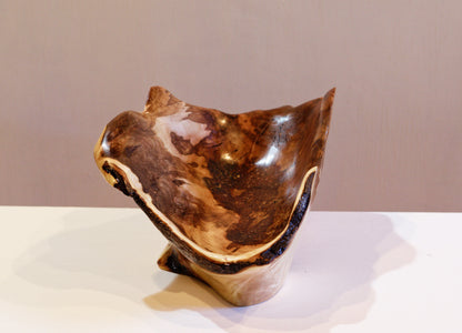 fancy wood bowl, freeform irregular shape, Wabi Sabi, maple, artistic, rustic refined, golden brown, smooth satin finish, wooden bowl, 14 inches long x 7.75 wide x 5.5’’ tall, 1.96#, 469-C