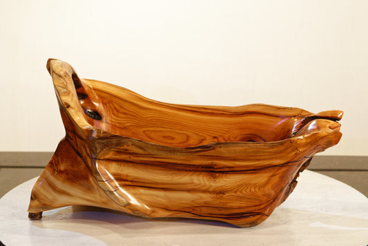 wood root bowl, tabletop wine bottle holder, wine rack, cradle, orange brown, Pacific yew, 14 inches long x 6 x 7 tall, Wabi Sabi Wasabi, one of a kind, 321-A