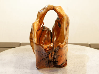 wood root bowl, tabletop wine bottle holder, wine rack, cradle, orange brown, Pacific yew, 14 inches long x 6 x 7 tall, Wabi Sabi Wasabi, one of a kind, 321-A