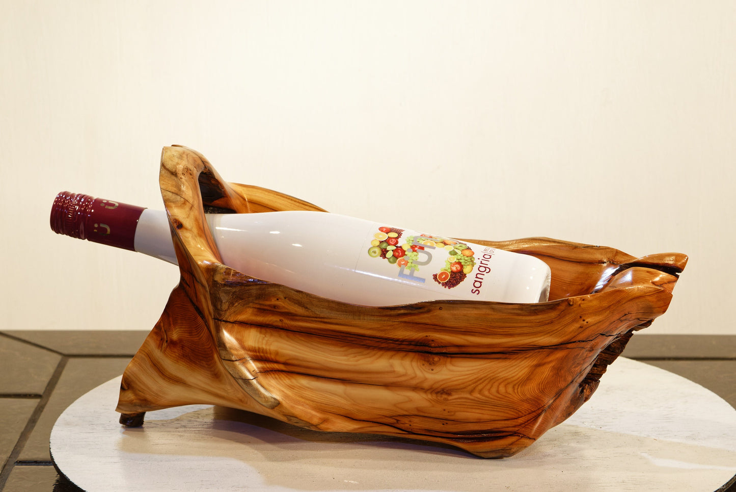 wood root bowl, tabletop wine bottle holder, wine rack, cradle, orange brown, Pacific yew, 14 inches long x 6 x 7 tall, Wabi Sabi Wasabi, one of a kind, 321-A