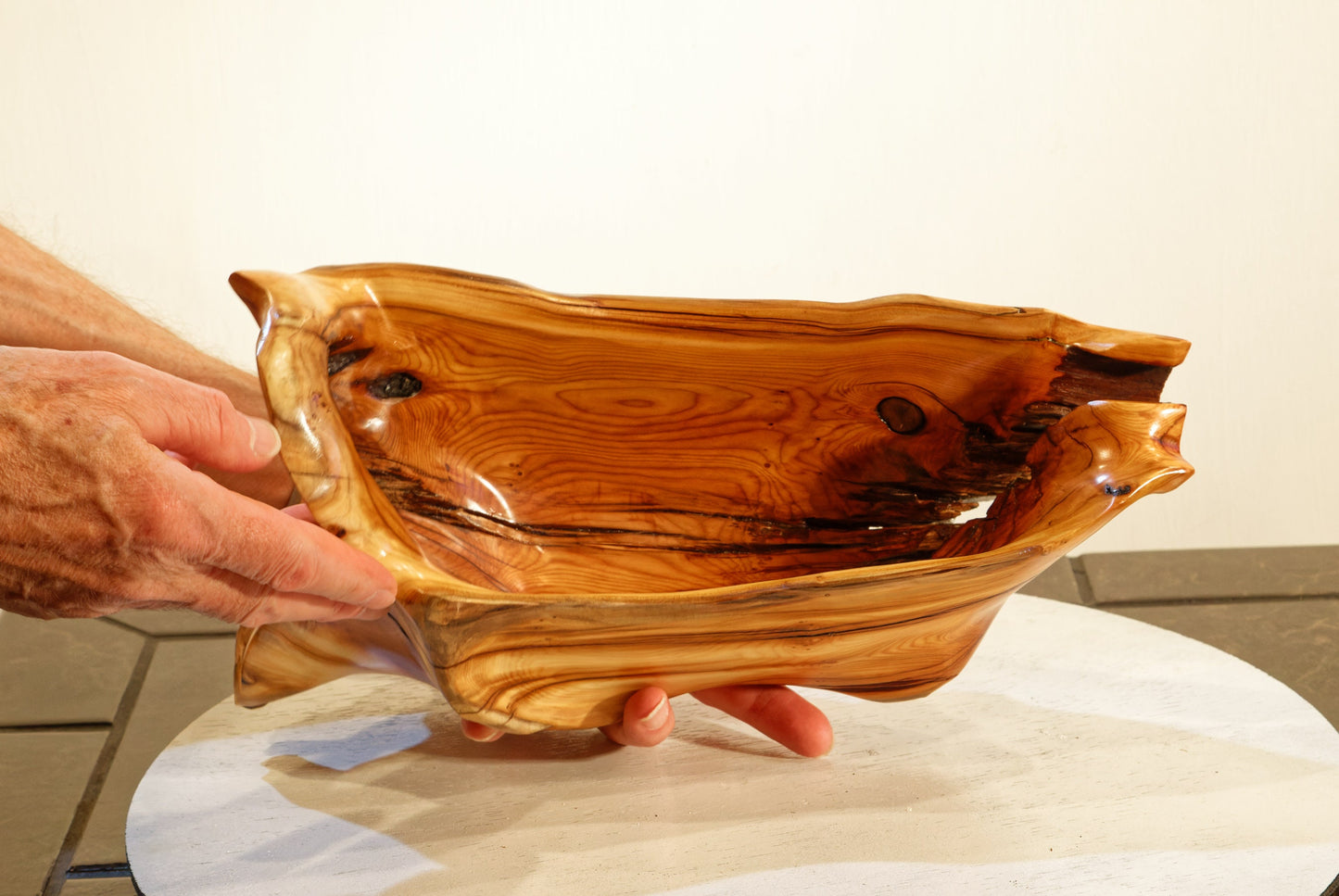 wood root bowl, tabletop wine bottle holder, wine rack, cradle, orange brown, Pacific yew, 14 inches long x 6 x 7 tall, Wabi Sabi Wasabi, one of a kind, 321-A