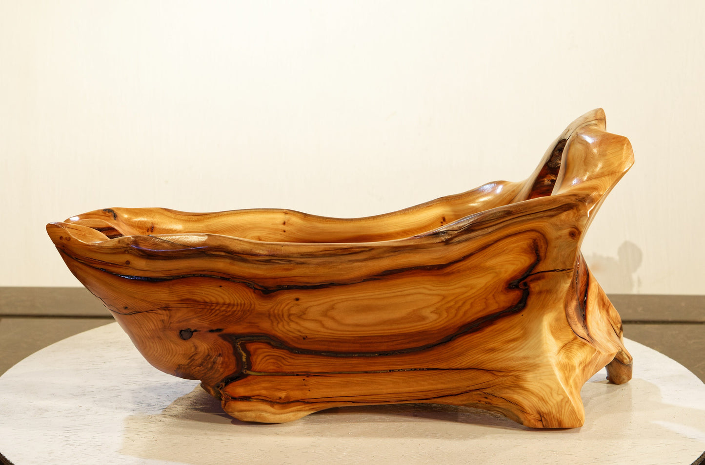 wood root bowl, tabletop wine bottle holder, wine rack, cradle, orange brown, Pacific yew, 14 inches long x 6 x 7 tall, Wabi Sabi Wasabi, one of a kind, 321-A