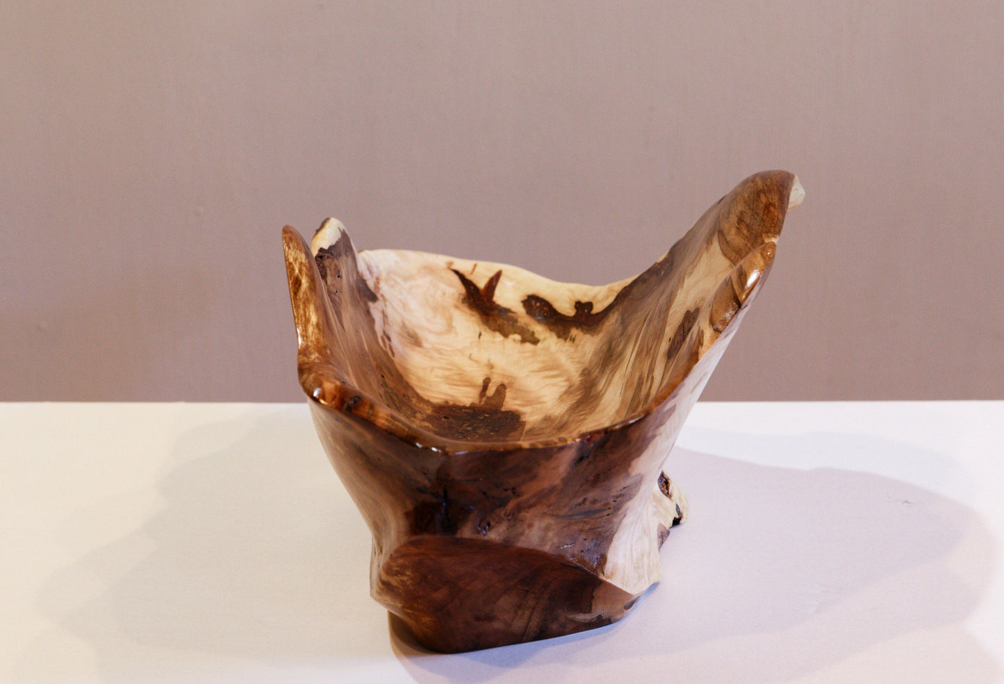 fancy wood bowl, freeform irregular shape, Wabi Sabi, maple, artistic, rustic refined, golden brown, smooth satin finish, wooden bowl, 14 inches long x 7.75 wide x 5.5’’ tall, 1.96#, 469-C