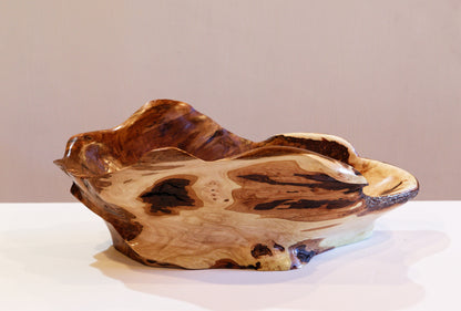 fancy wood bowl, freeform irregular shape, Wabi Sabi, maple, artistic, rustic refined, golden brown, smooth satin finish, wooden bowl, 14 inches long x 7.75 wide x 5.5’’ tall, 1.96#, 469-C