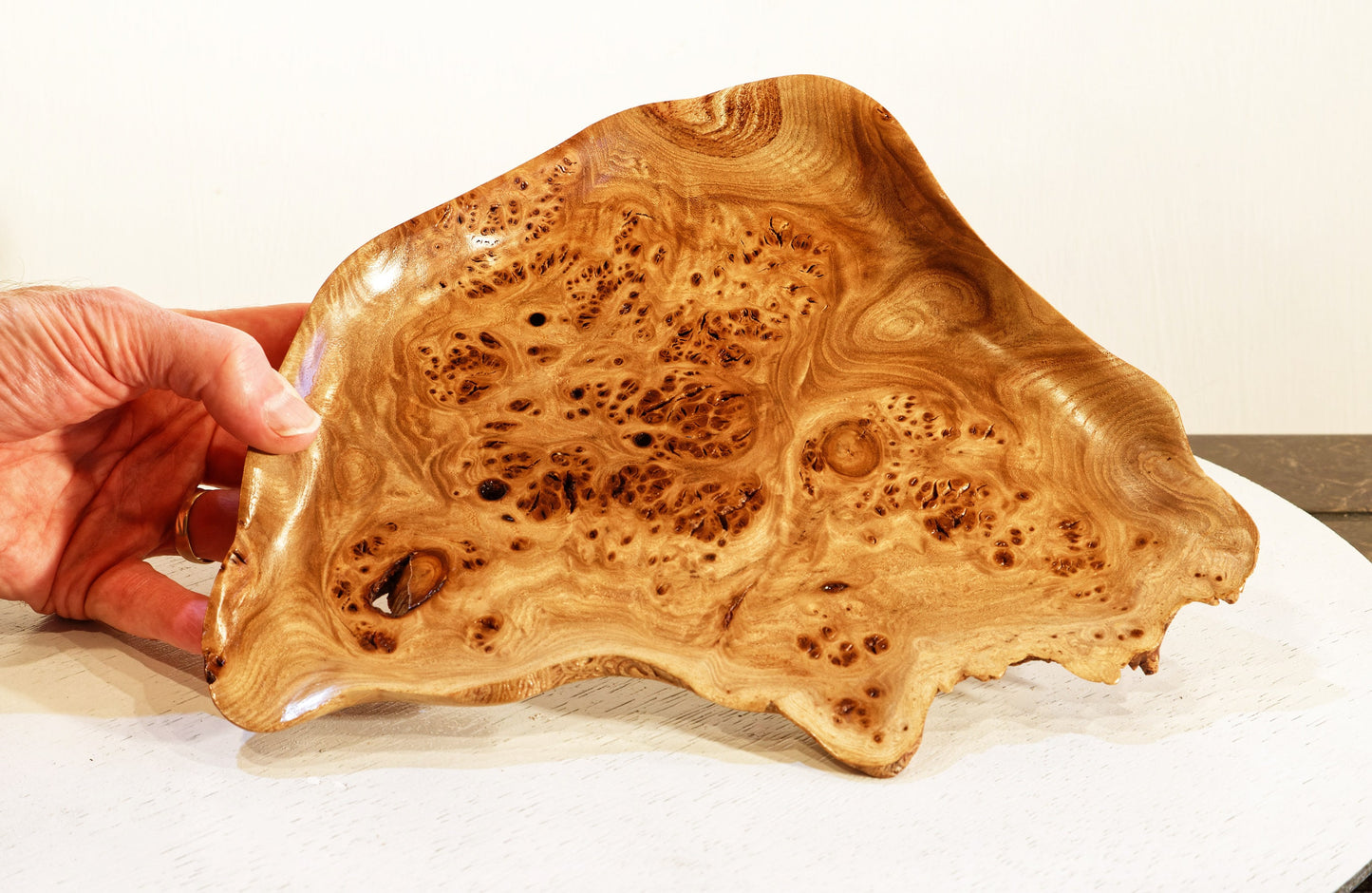 decorative wood tray platter catchall, burls, elm red orange 12 in x 9.7 x 1.5, Wabi Sabi Wasabi one of a kind, asymmetric, upcycled, 312-K4
