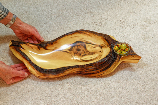 arched wood platter bowl, one of a kind exotic 25", tabletop sculpture, rustic, refined, asymmetric, live wood, 25.5 x 11.5 x 3.25", 334-A