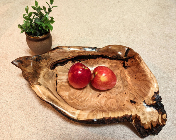 figured exotic maple wood bowl, irregular, rich colors, 4.5" tall x 16.5 x 12.25'', 3.6 lbs, Wabi Sabi, one-of-a-kind, asymmetric, 469-J