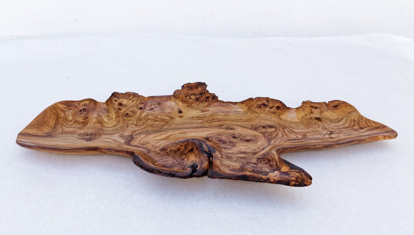 irregular wood platter, wall hanging, tabletop sculpture, exotic burl, live edge bark, 1.75 inches tall x 21.5 x 10.2 wide, Wabi Sabi 312-ZF