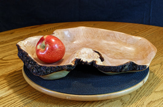 figured maple wood bowl, platter, 10.75" x 10 x 4.5, 1.08 lb, Wabi Sabi, live edge, some bark, one-of-a-kind, asymmetric, upcycled, 469-L