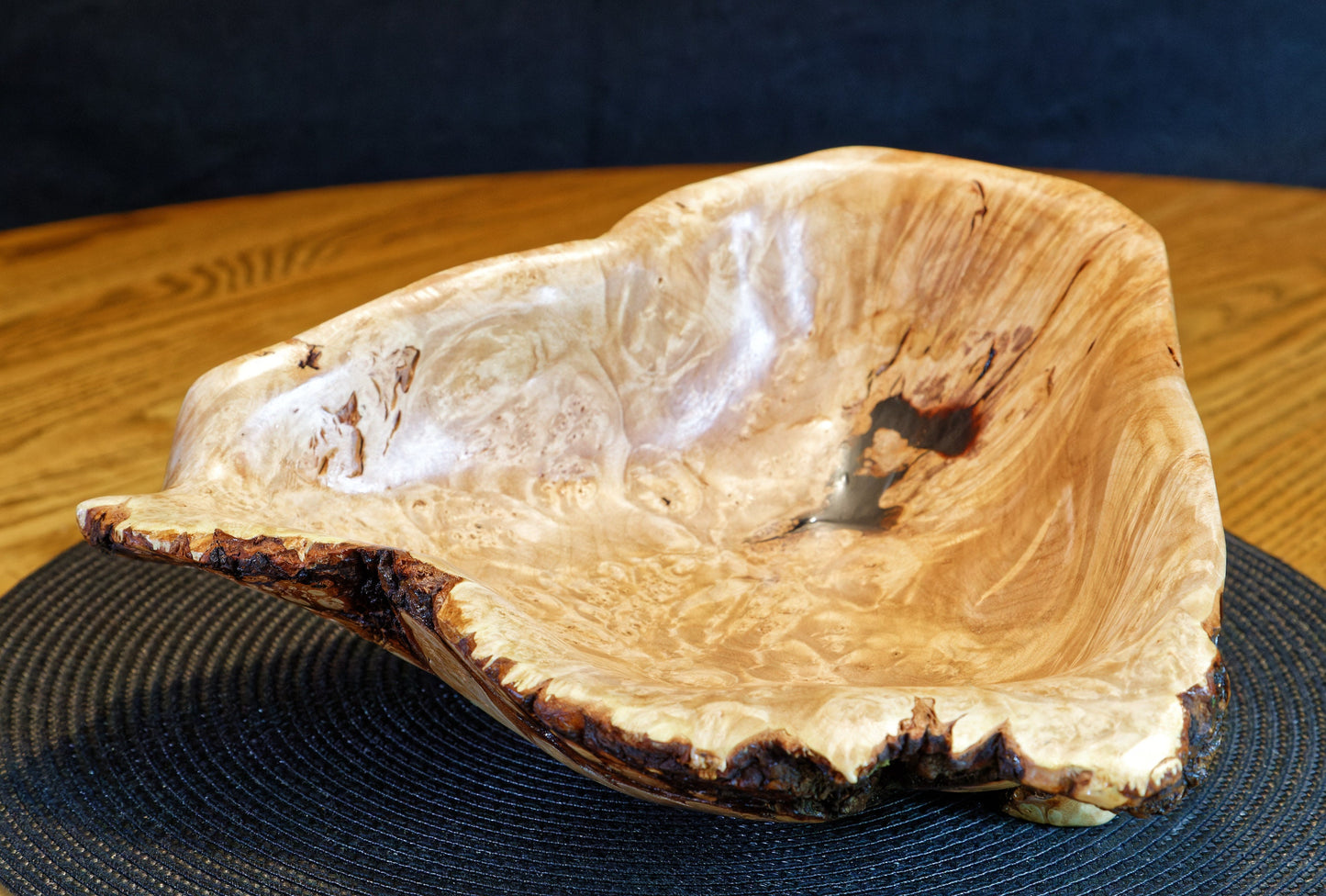 figured maple wood bowl, platter, 10.75" x 10 x 4.5, 1.08 lb, Wabi Sabi, live edge, some bark, one-of-a-kind, asymmetric, upcycled, 469-L