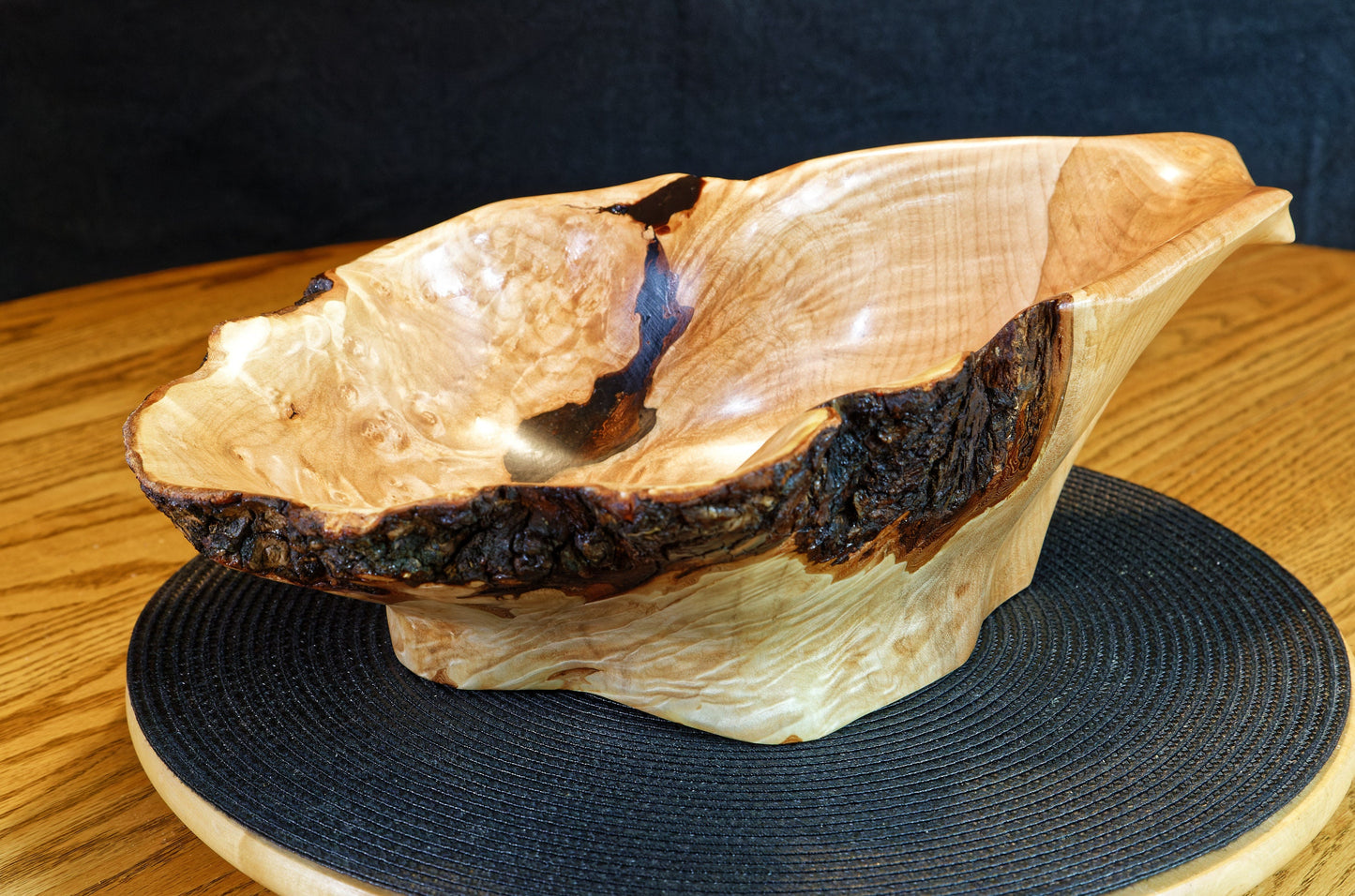 figured maple wood bowl, platter, 10.75" x 10 x 4.5, 1.08 lb, Wabi Sabi, live edge, some bark, one-of-a-kind, asymmetric, upcycled, 469-L