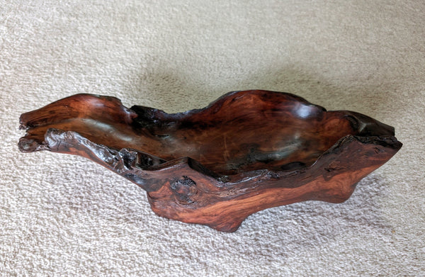 driftwood bowl, rich natural colors, dark wood, black walnut ?, 20" x 8 x 5.5 tall, 3.03 lbs., Wabi Sabi, one-of-a-kind, asymmetric, 462-A