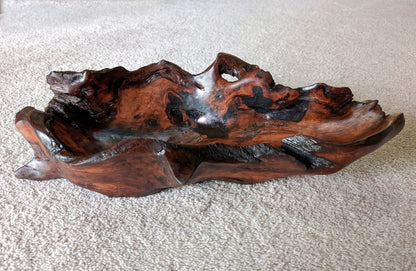 driftwood bowl, rich natural colors, dark wood, black walnut ?, 20" x 8 x 5.5 tall, 3.03 lbs., Wabi Sabi, one-of-a-kind, asymmetric, 462-A