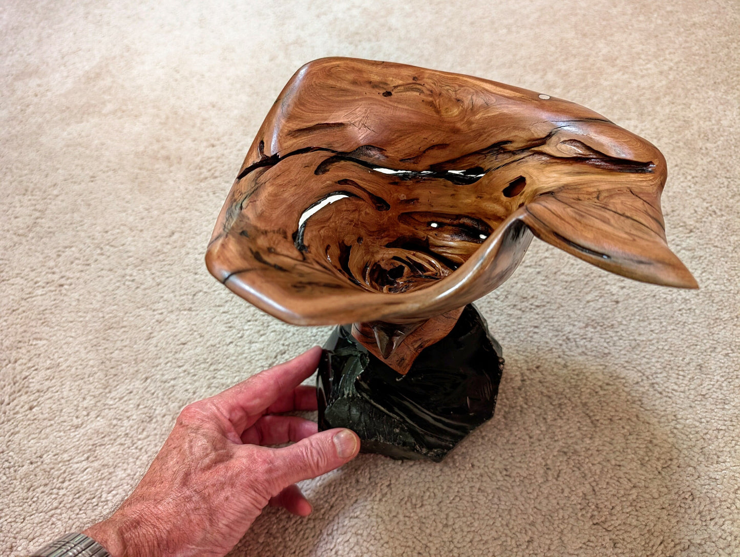 wood bowl sculpture, obsidian rock, tabletop, 9" Tall x 9 x 8', 4.1 lb, Wabi Sabi, rich natural color, one-of-a-kind, spruce root, 460-A