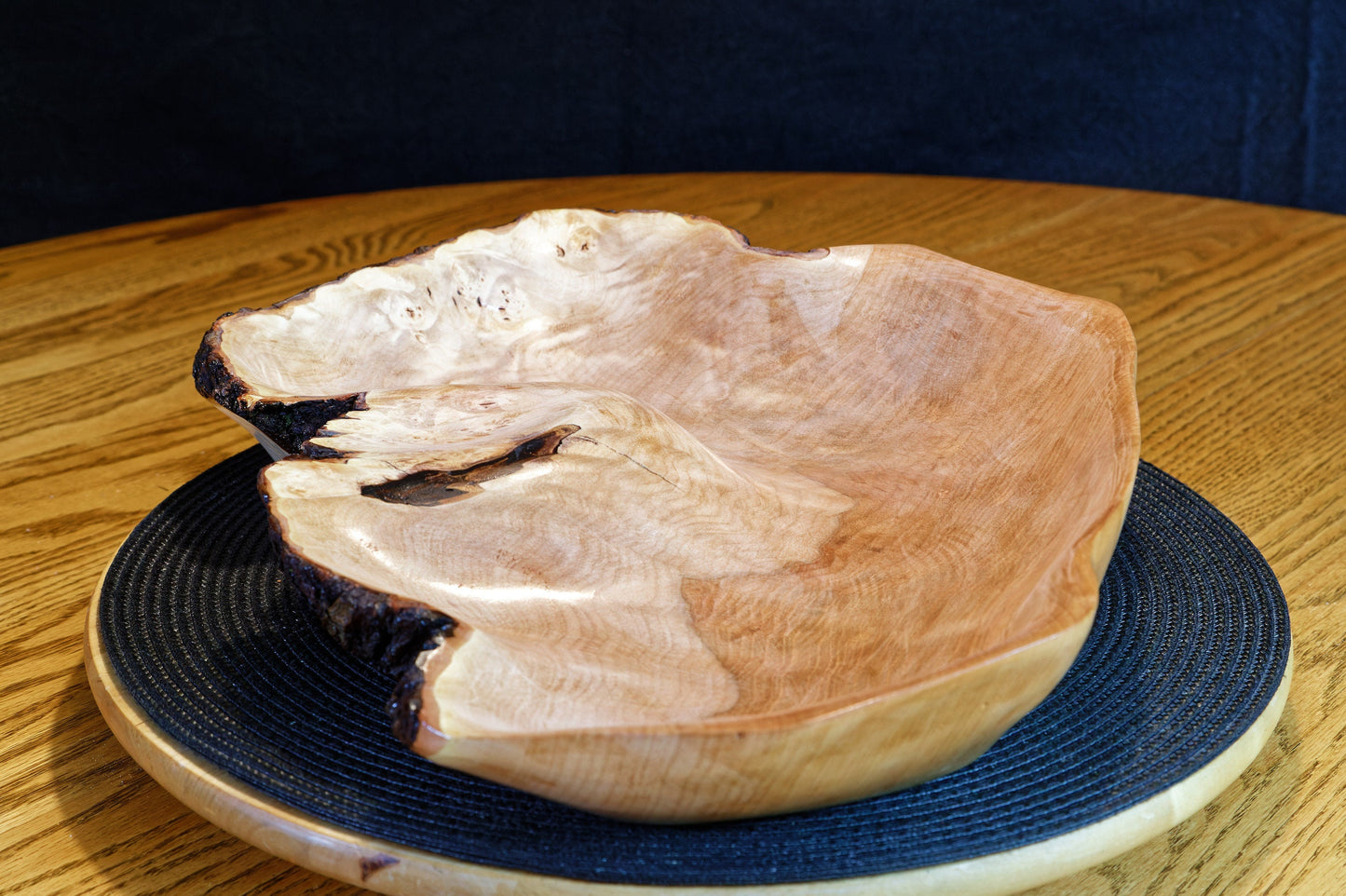 figured maple wood bowl, platter, 10.75" x 10 x 4.5, 1.08 lb, Wabi Sabi, live edge, some bark, one-of-a-kind, asymmetric, upcycled, 469-L