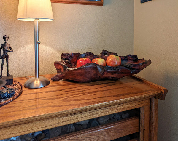 driftwood bowl, rich natural colors, dark wood, black walnut ?, 20" x 8 x 5.5 tall, 3.03 lbs., Wabi Sabi, one-of-a-kind, asymmetric, 462-A